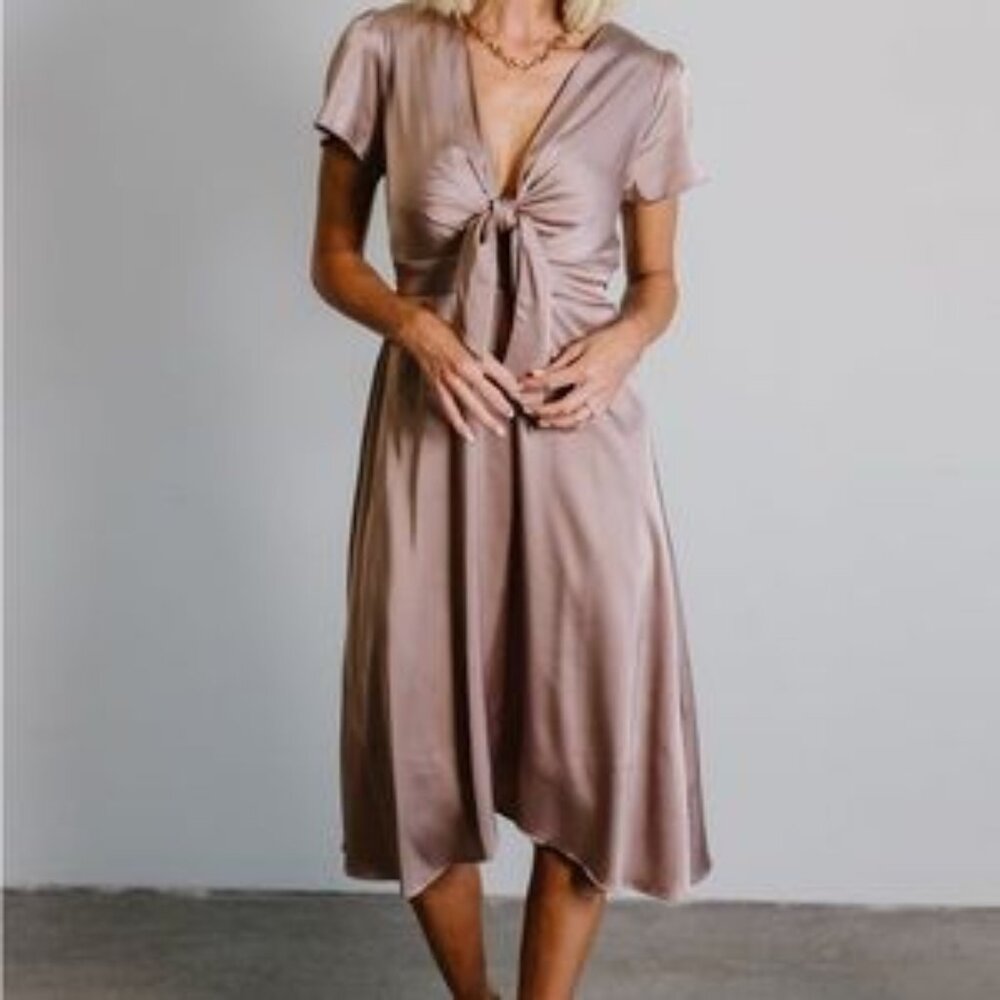 Baltic Born Mauve Taupe Satin Tie Front Smocked Back‎ Midi Dress Small NWT